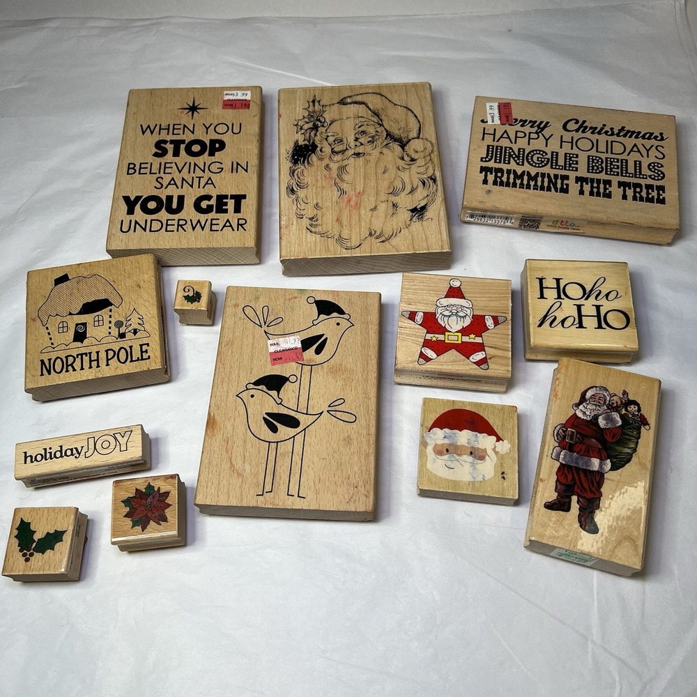 Lot of 13 wood rubber stamps Christmas Holiday Santa Theme December‎ Crafts Card